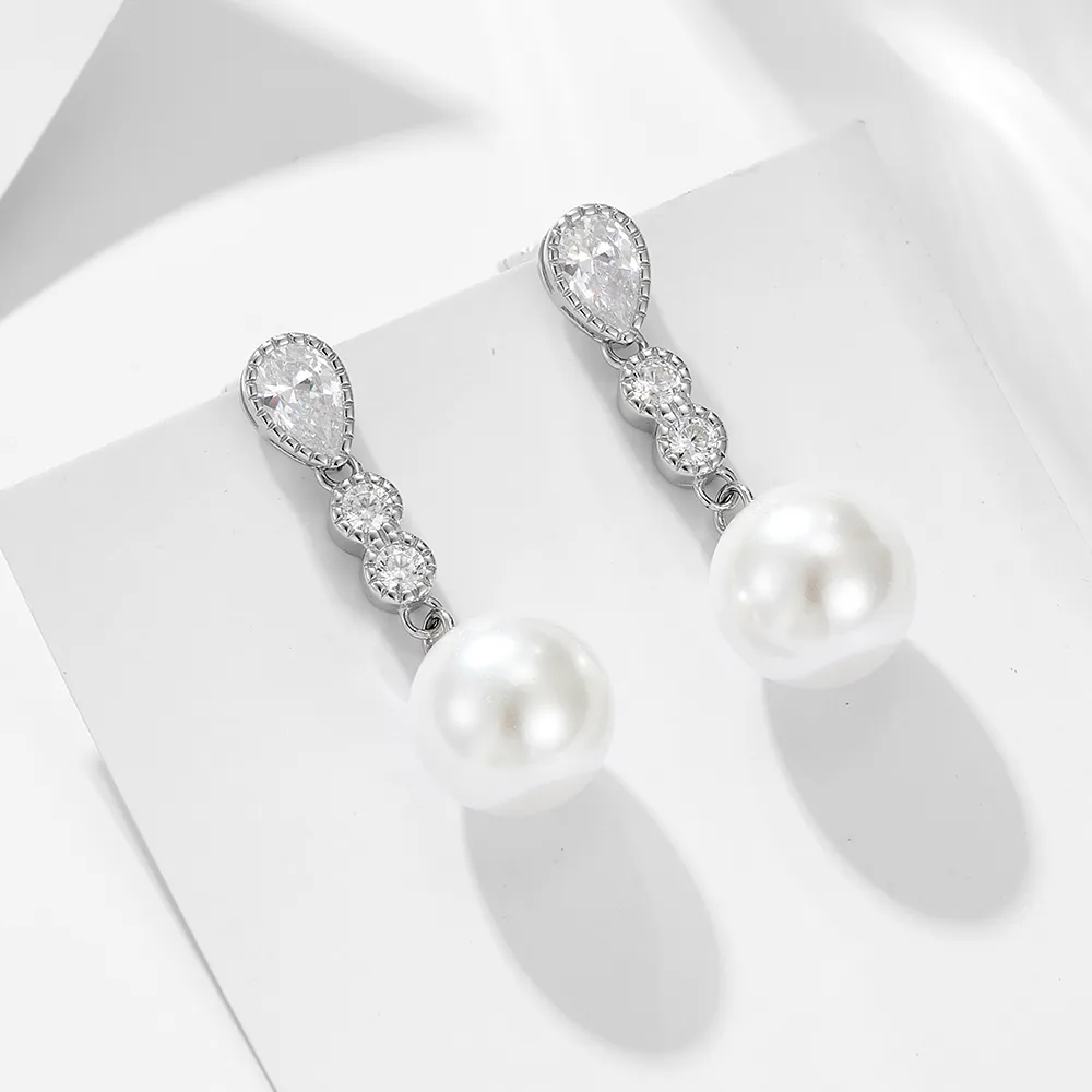 1 Pair 925 Sterling Silver Pearl Zircon Geometric Solid Color Drop Earrings display picture 3