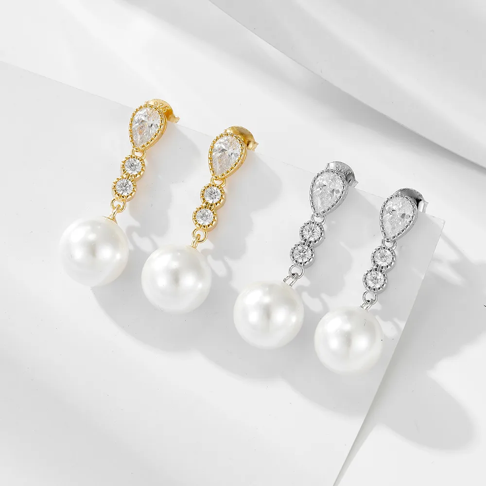 1 Pair 925 Sterling Silver Pearl Zircon Geometric Solid Color Drop Earrings display picture 1