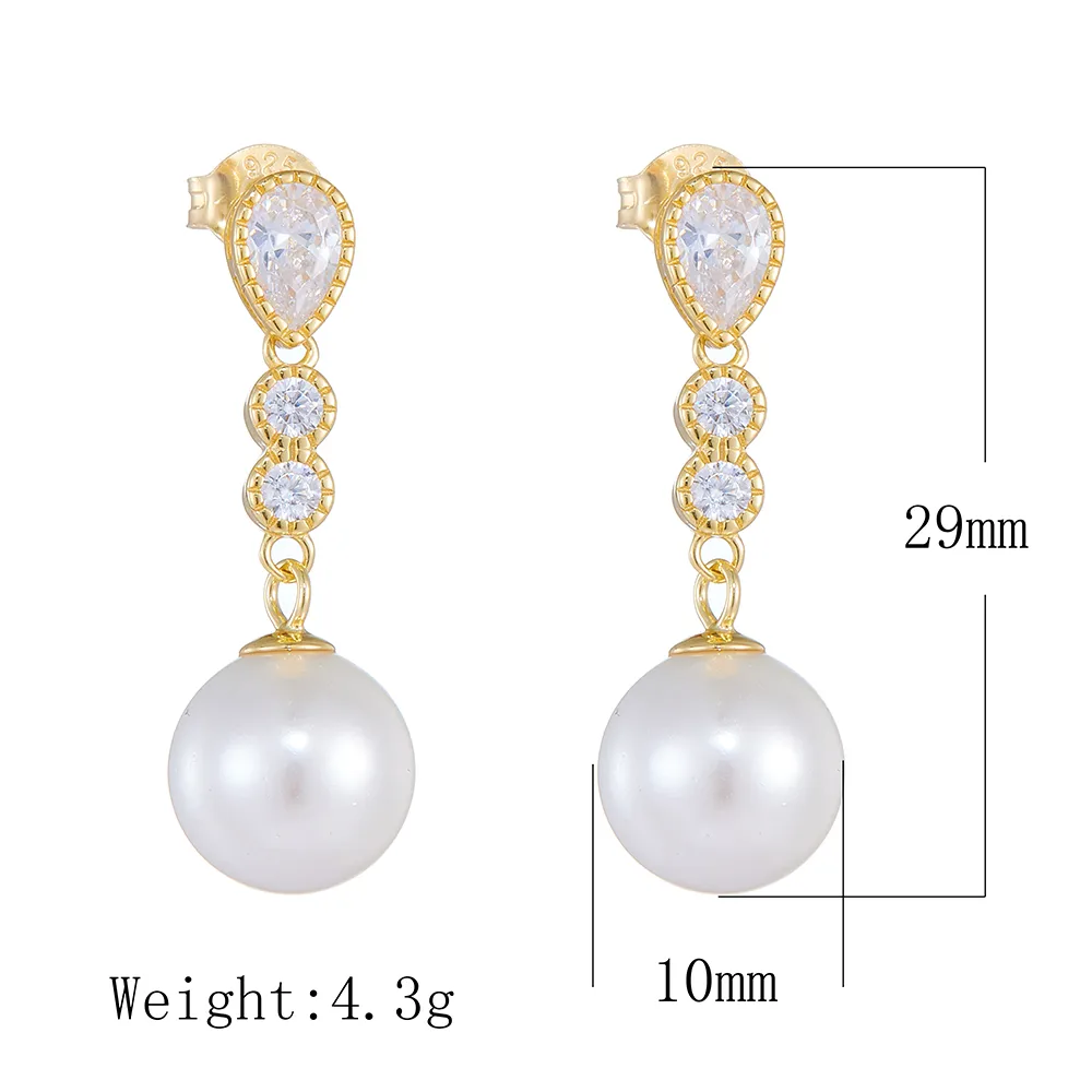 1 Pair 925 Sterling Silver Pearl Zircon Geometric Solid Color Drop Earrings display picture 7