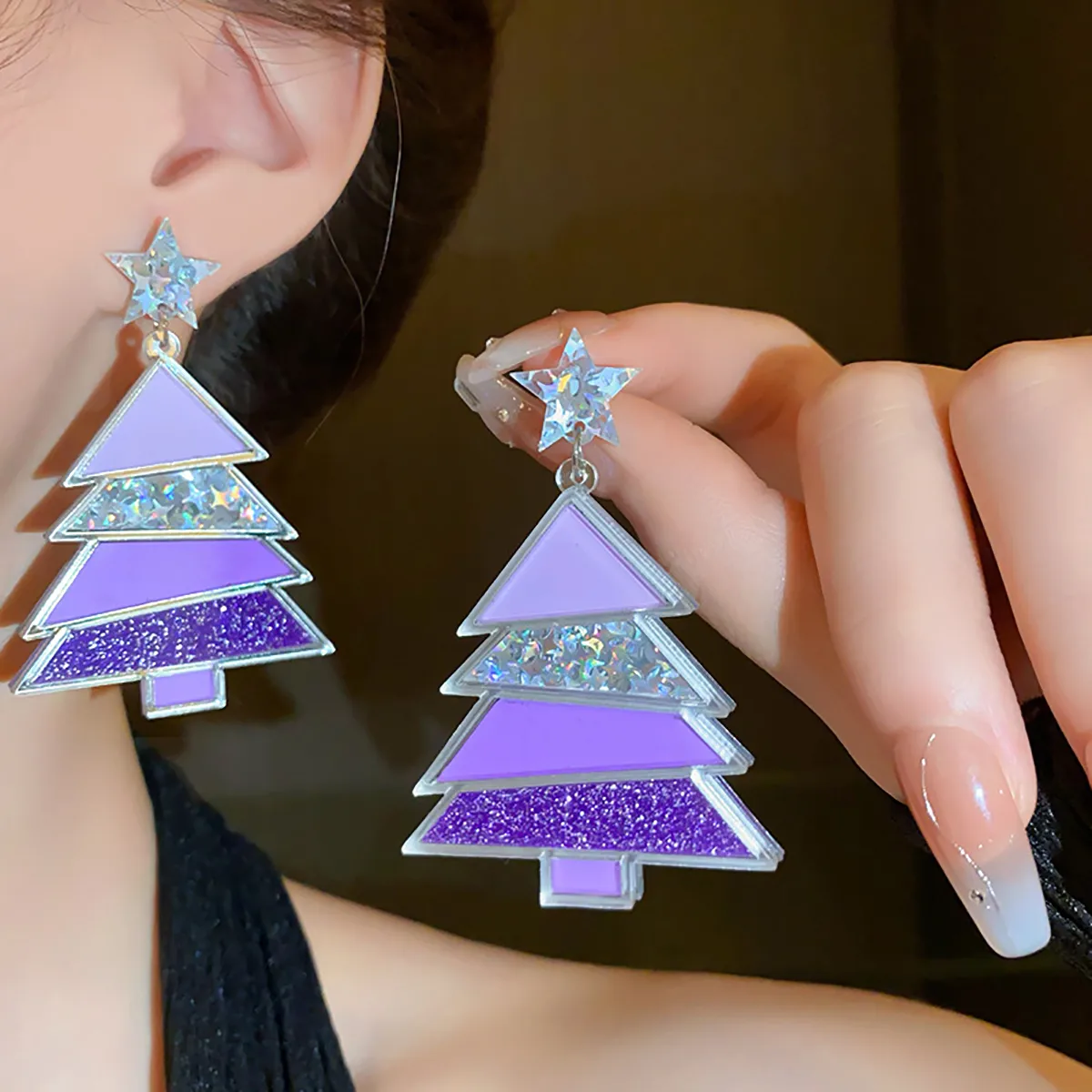 1 Pair Simple Style Classic Style Christmas Tree Polishing Epoxy Plating Arylic Plastic Silver Plated Drop Earrings display picture 12