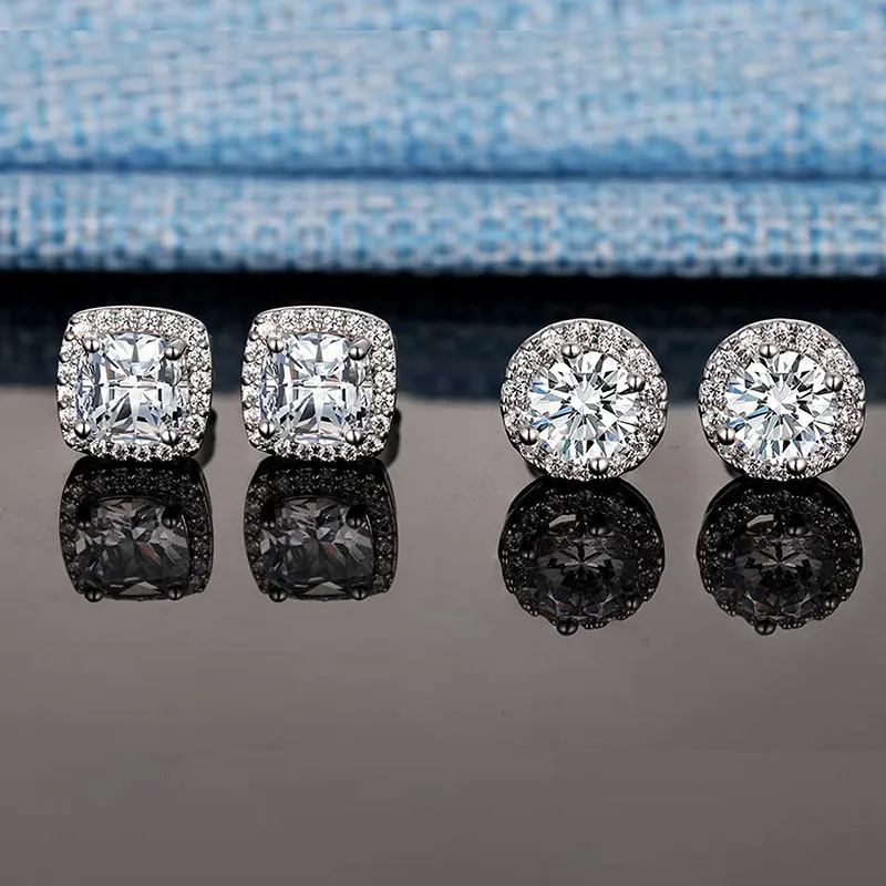 Copper White Gold Plated Simple Style Round Square Inlay Zircon Ear Studs display picture 1