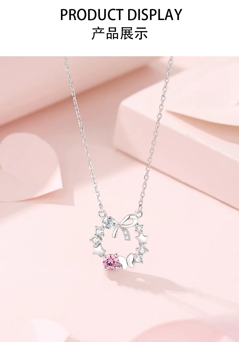925 Sterling Silver Wreath Bow Knot Pendant Necklace display picture 1