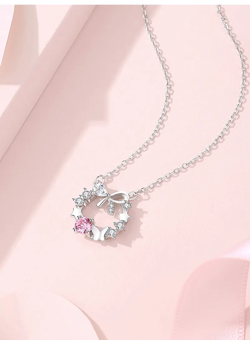 925 Sterling Silver Wreath Bow Knot Pendant Necklace display picture 2