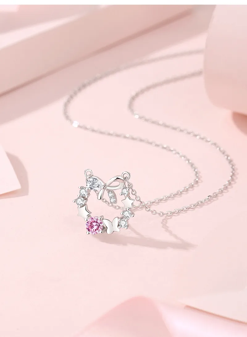 925 Sterling Silver Wreath Bow Knot Pendant Necklace display picture 3