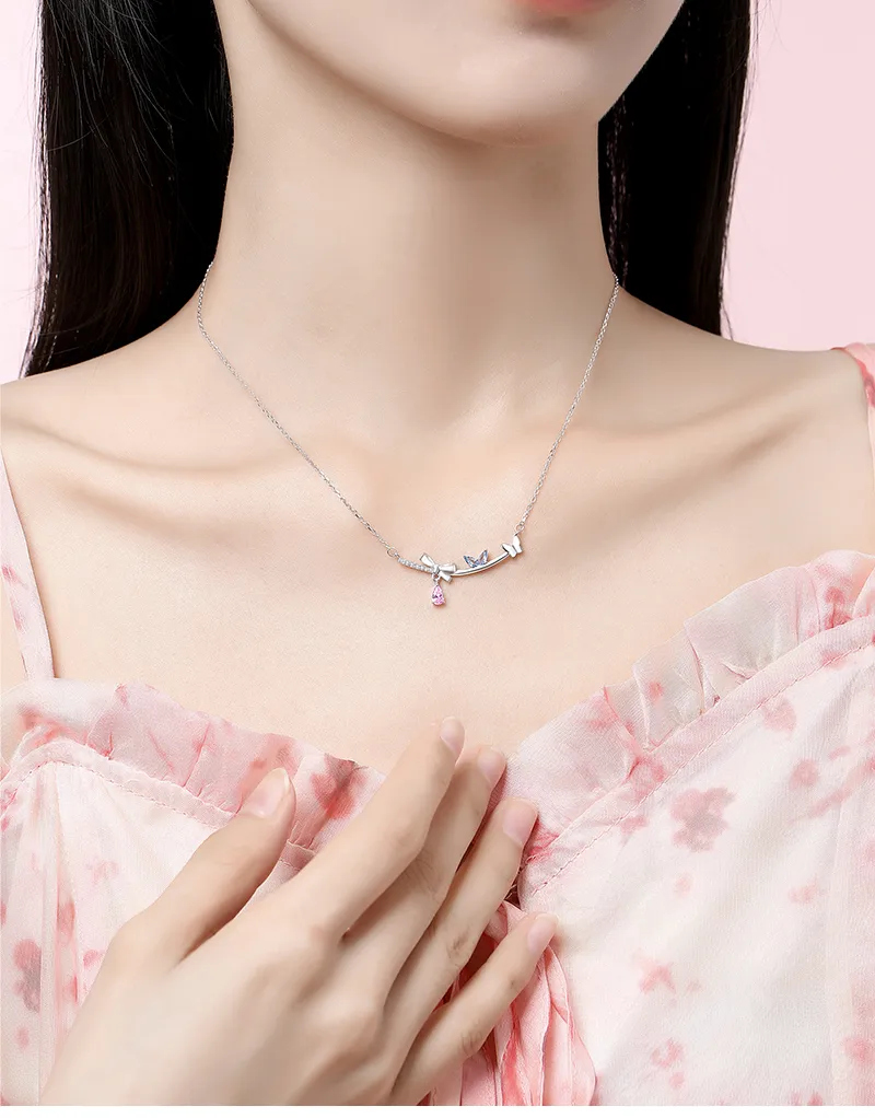 925 Sterling Silver Artificial Gemstones Cable Chain Inlay Bow Knot Pendant Necklace display picture 1