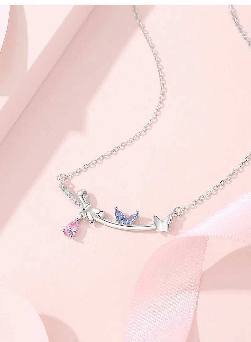 925 Sterling Silver Artificial Gemstones Cable Chain Inlay Bow Knot Pendant Necklace display picture 3