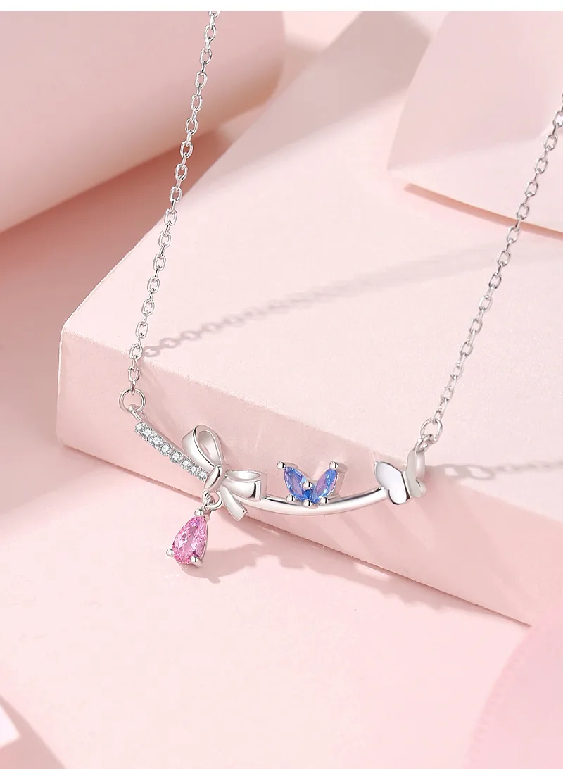 925 Sterling Silver Artificial Gemstones Cable Chain Inlay Bow Knot Pendant Necklace display picture 4