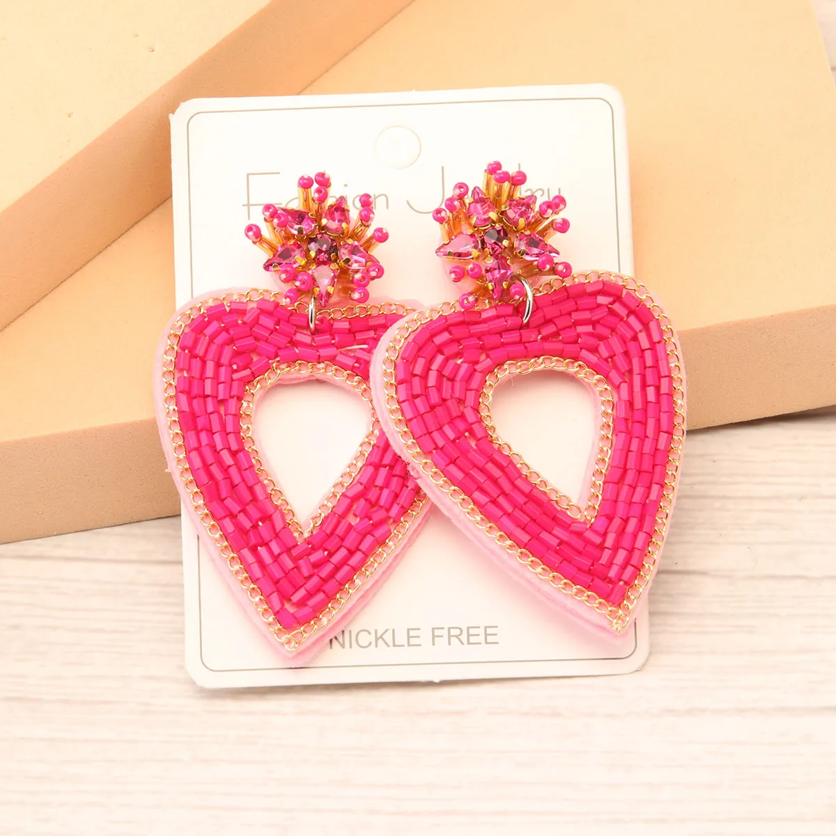 1 Pair Sweet Heart Shape Handmade Stainless Steel Cloth Glass Drop Earrings display picture 1