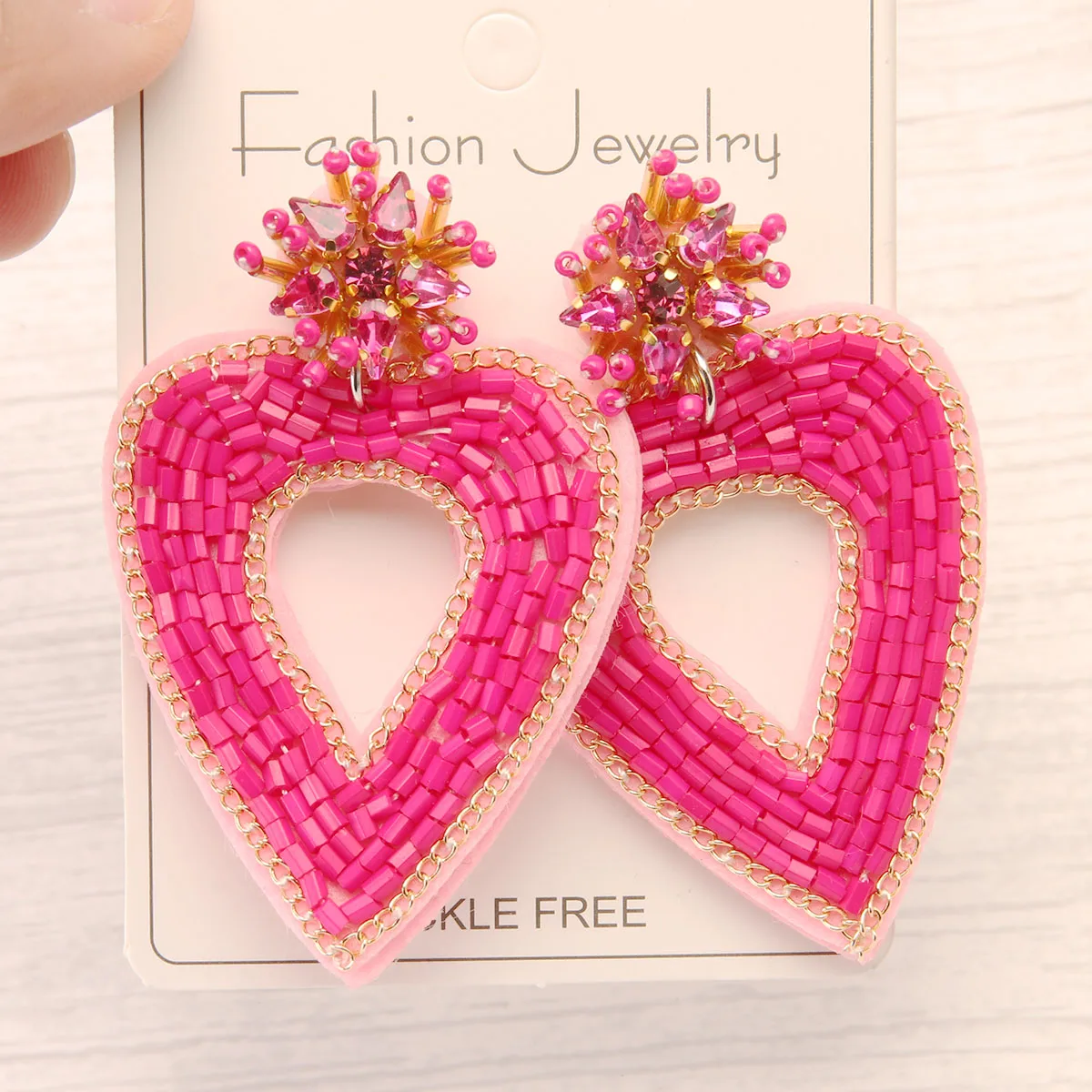 1 Pair Sweet Heart Shape Handmade Stainless Steel Cloth Glass Drop Earrings display picture 2