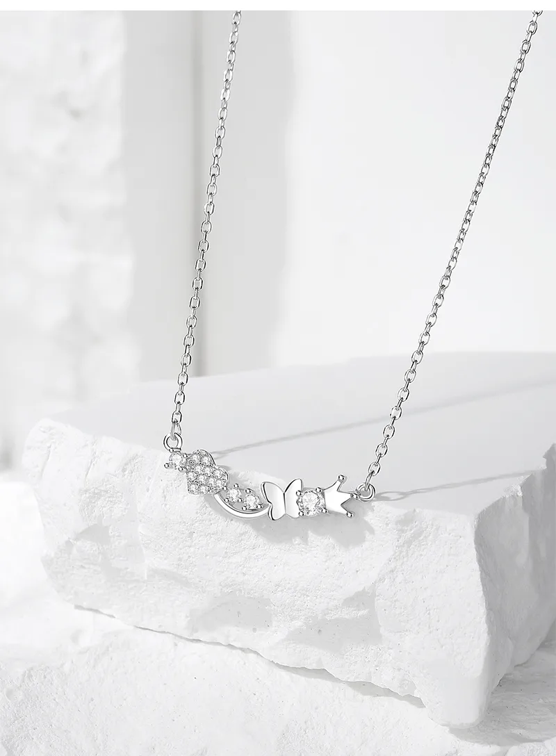 925 Sterling Silver Zircon Cable Chain Polishing Plating Inlay Heart Shape Crown Butterfly Necklace display picture 2