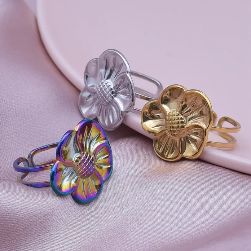 Wholesale Jewelry IG Style Elegant Flower 304 Stainless Steel 18K Gold Plated Plating Open Rings display picture 4
