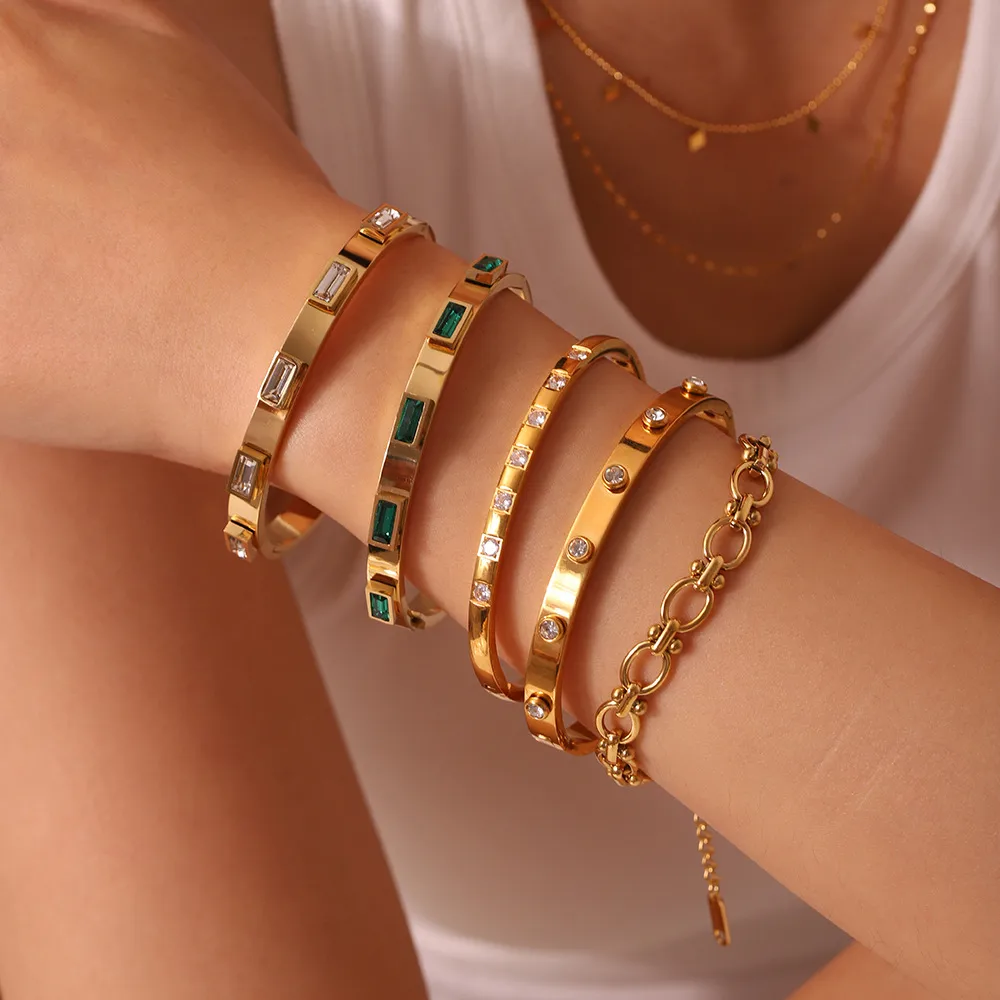 Casual Simple Style Geometric 304 Stainless Steel 18K Gold Plated Zircon Bangle In Bulk display picture 1