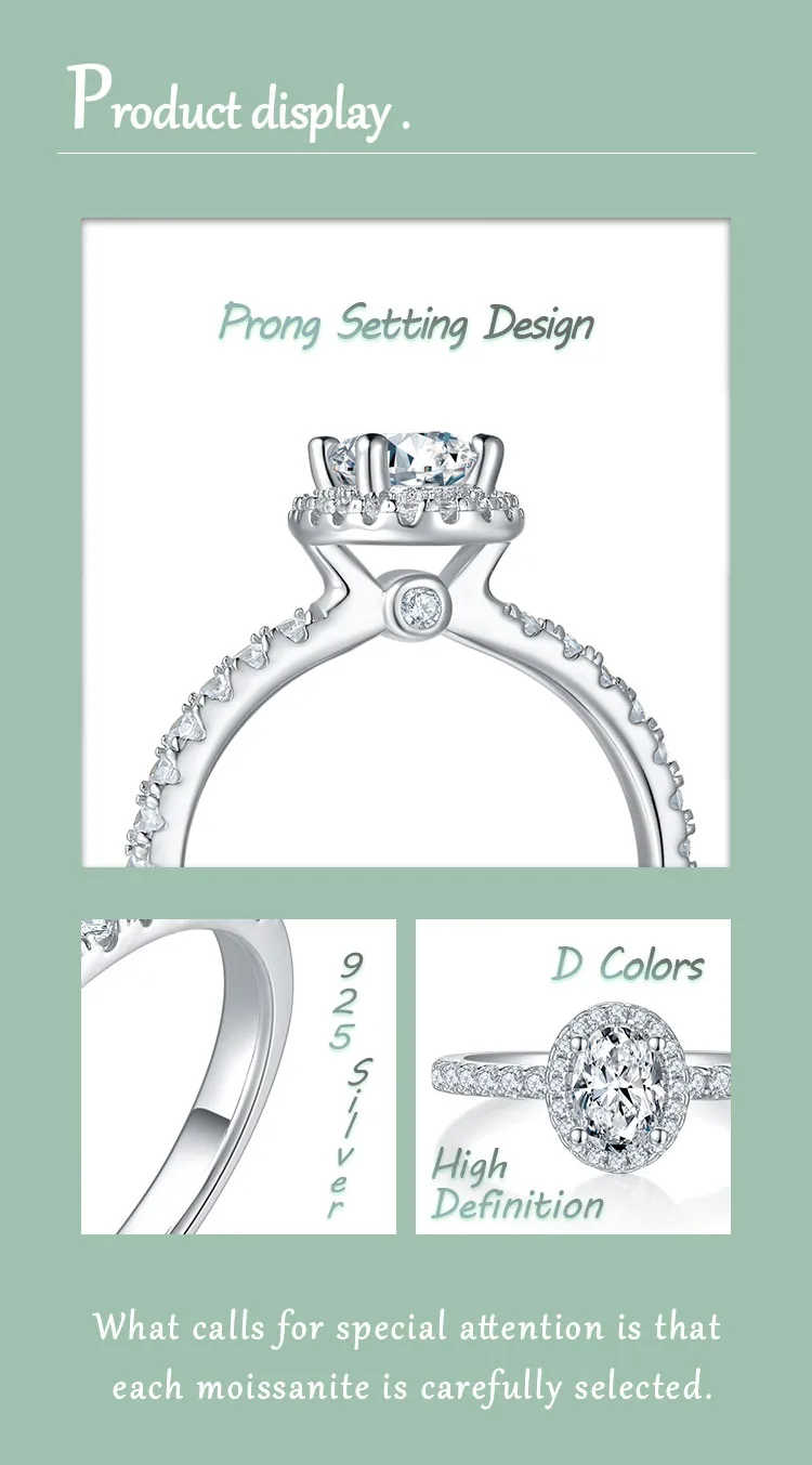 925 Sterling Silver Moissanite Oval Rings display picture 3