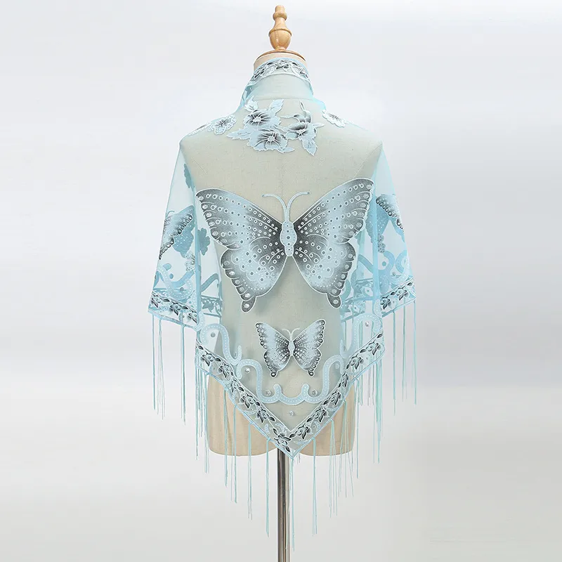 New Tassel Triangle Scarf Solid Color Hollow Lace Butterfly Embroidered Triangle Shawl Scarf For Women display picture 8