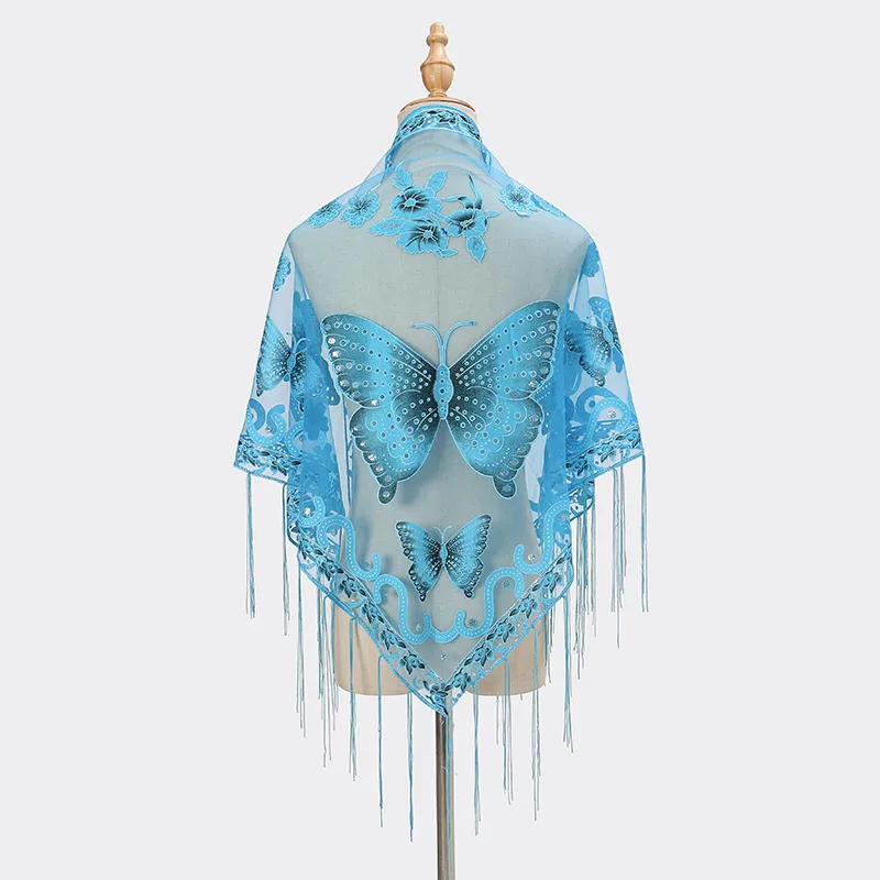 New Tassel Triangle Scarf Solid Color Hollow Lace Butterfly Embroidered Triangle Shawl Scarf For Women display picture 7