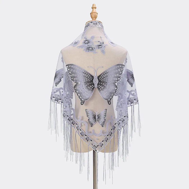 New Tassel Triangle Scarf Solid Color Hollow Lace Butterfly Embroidered Triangle Shawl Scarf For Women display picture 6