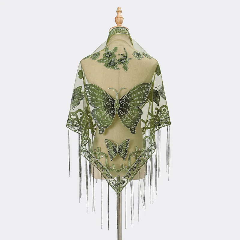 New Tassel Triangle Scarf Solid Color Hollow Lace Butterfly Embroidered Triangle Shawl Scarf For Women display picture 9