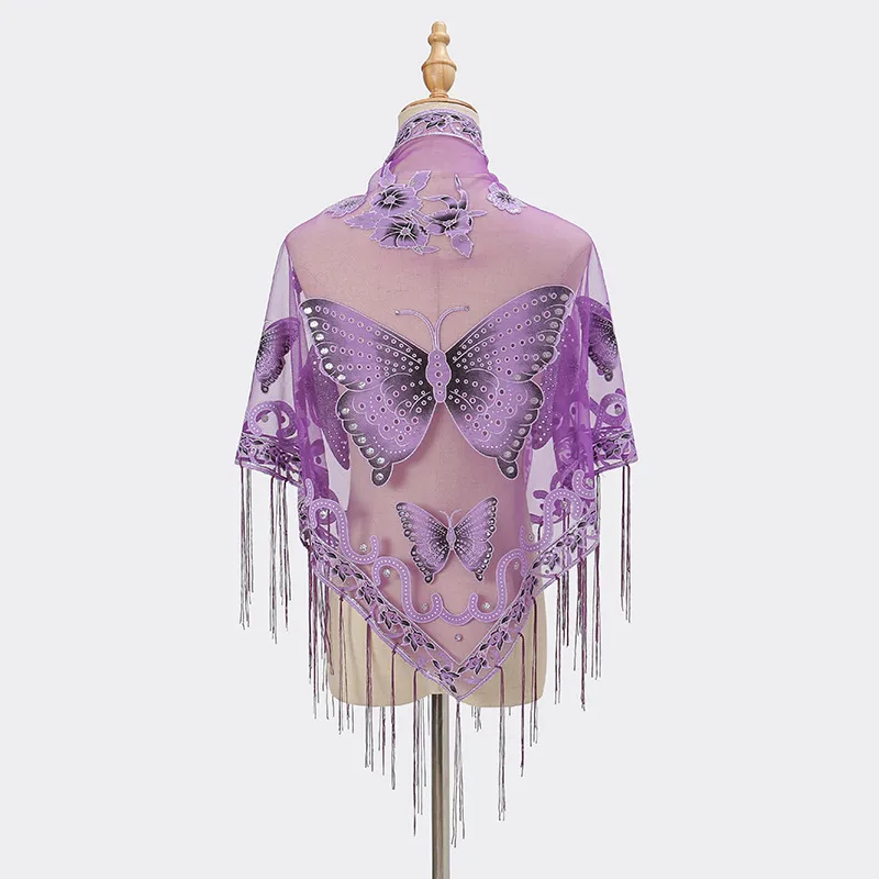 New Tassel Triangle Scarf Solid Color Hollow Lace Butterfly Embroidered Triangle Shawl Scarf For Women display picture 5