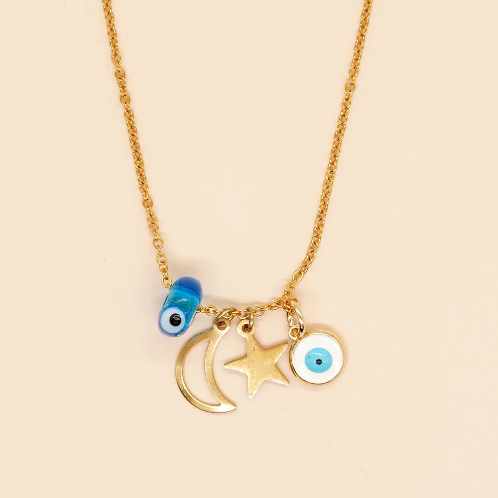 Wholesale Jewelry Ethnic Style Simple Style Star Moon Eye 304 Stainless Steel Plating Inlay Pendant Necklace display picture 1