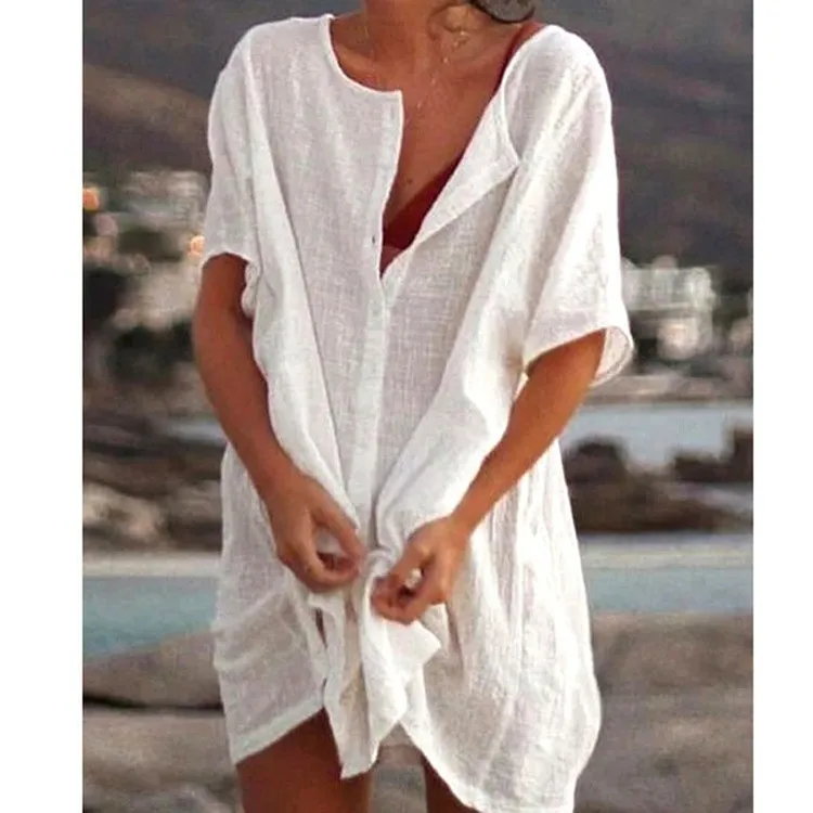 Foreign Trade Europe And The United States Women's Shirt Multi-color Multi-size Long Loose Solid Color Short Sleeve Shirt Women's Spot display picture 2