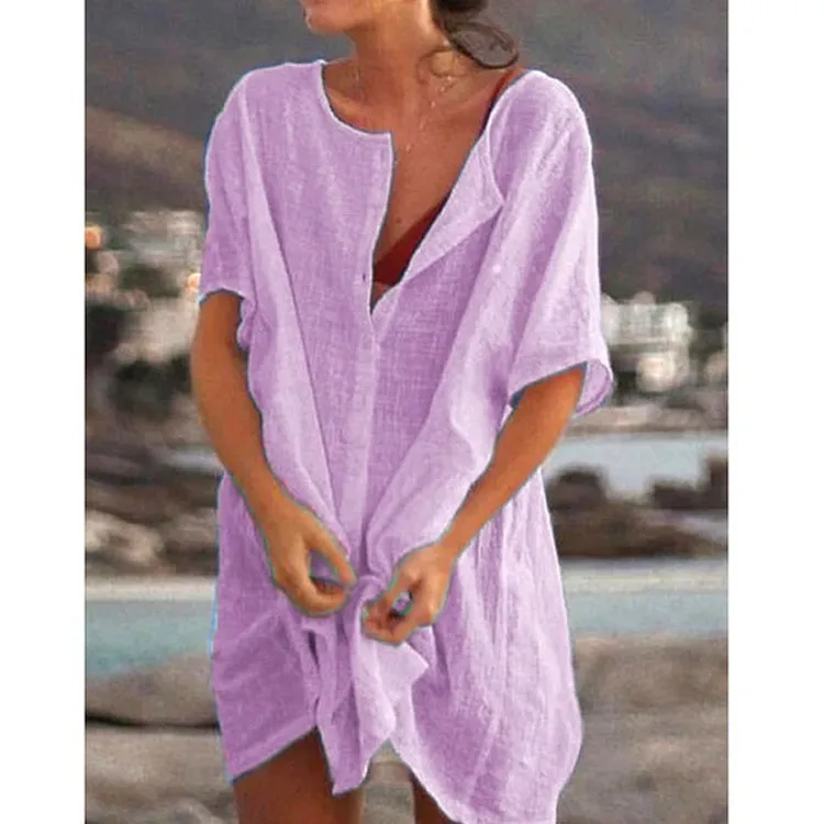 Foreign Trade Europe And The United States Women's Shirt Multi-color Multi-size Long Loose Solid Color Short Sleeve Shirt Women's Spot display picture 6