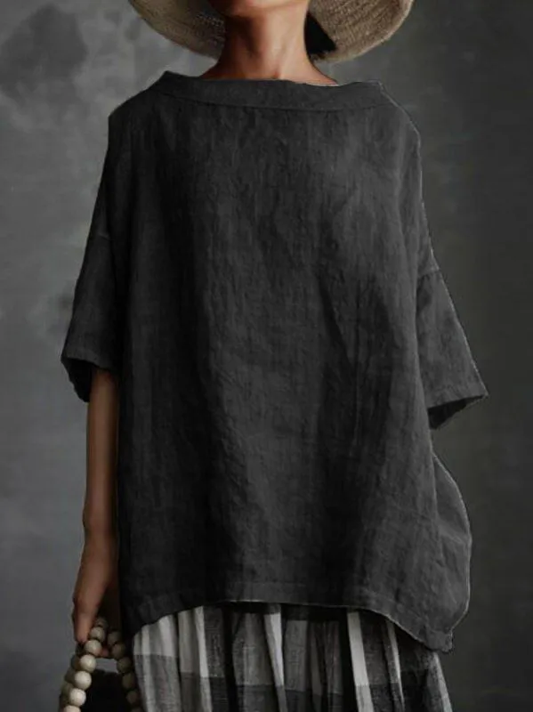 Spot Designed Summer New Top Woven Round Neck  Cotton And Linen Solid Color Loose Women's T-shirt display picture 7