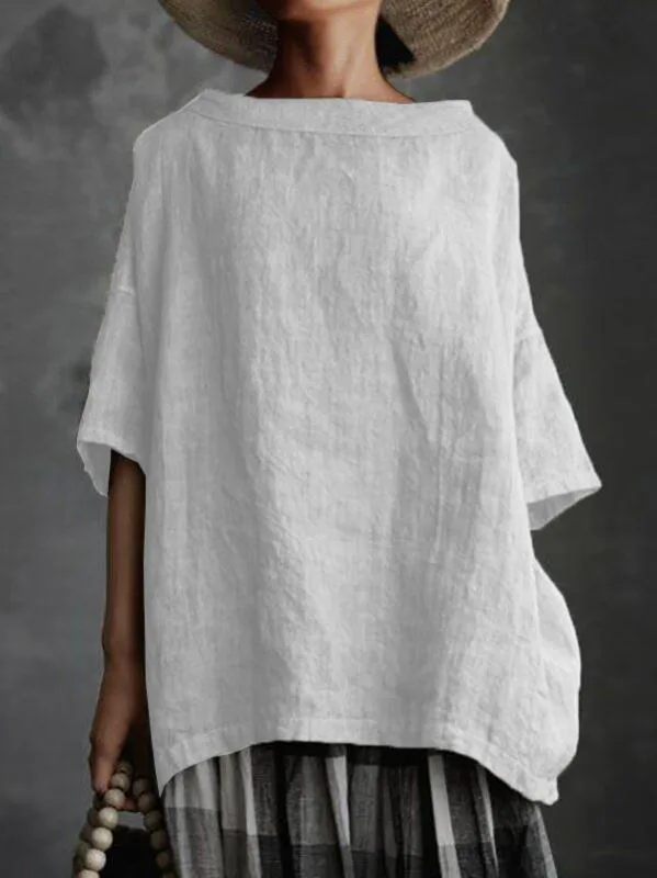 Spot Designed Summer New Top Woven Round Neck  Cotton And Linen Solid Color Loose Women's T-shirt display picture 6