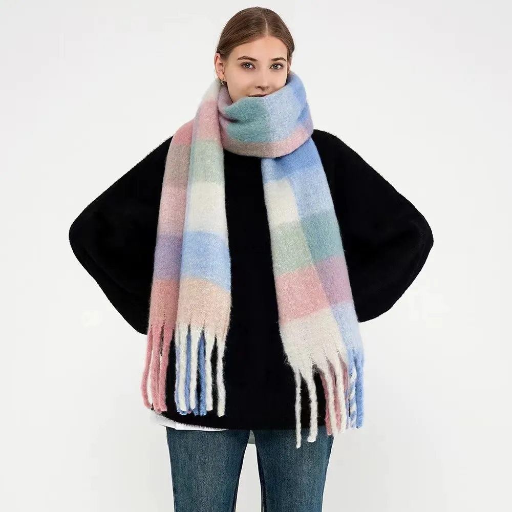 Mohair Rainbow Autumn And Winter Wool Thickened Long Net Red Sea Plaid Scarf Women's British-style  Trendy Warm-keeping · display picture 4