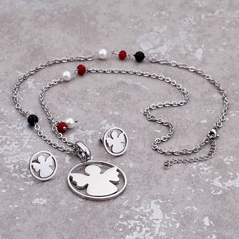 Wholesale Jewelry Sweet Angel Stainless Steel 18K Gold Plated Earrings Necklace display picture 3