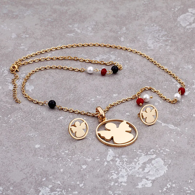 Wholesale Jewelry Sweet Angel Stainless Steel 18K Gold Plated Earrings Necklace display picture 4