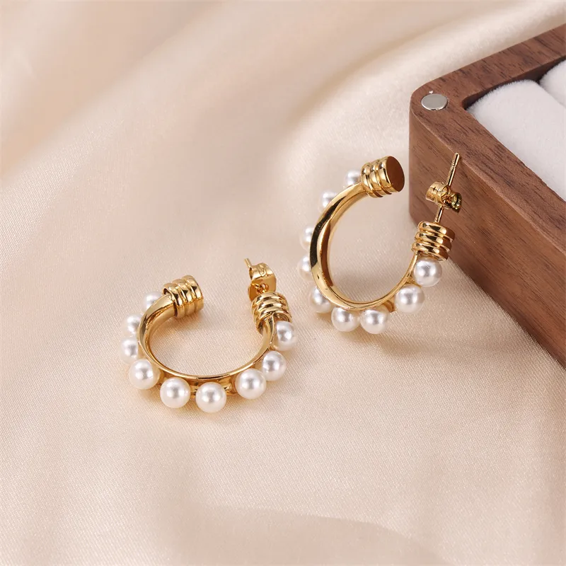 1 Pair Lady Classic Style Geometric Plating Inlay Stainless Steel Pearl Ear Studs display picture 3