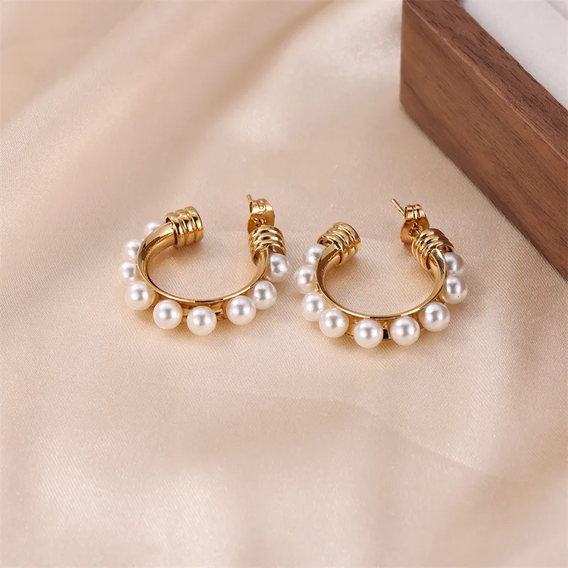 1 Pair Lady Classic Style Geometric Plating Inlay Stainless Steel Pearl Ear Studs display picture 1