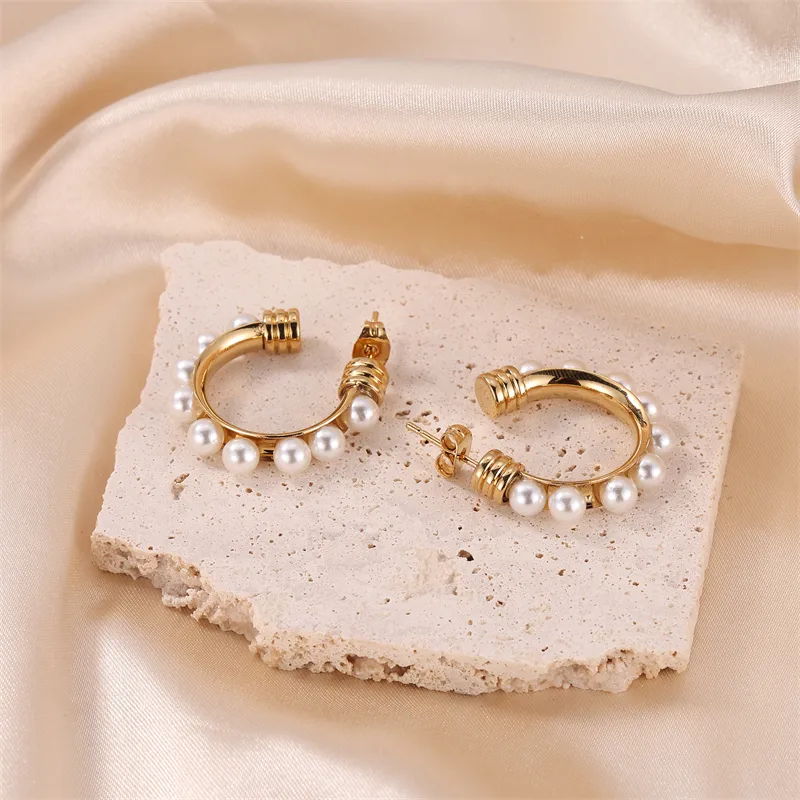 1 Pair Lady Classic Style Geometric Plating Inlay Stainless Steel Pearl Ear Studs display picture 4