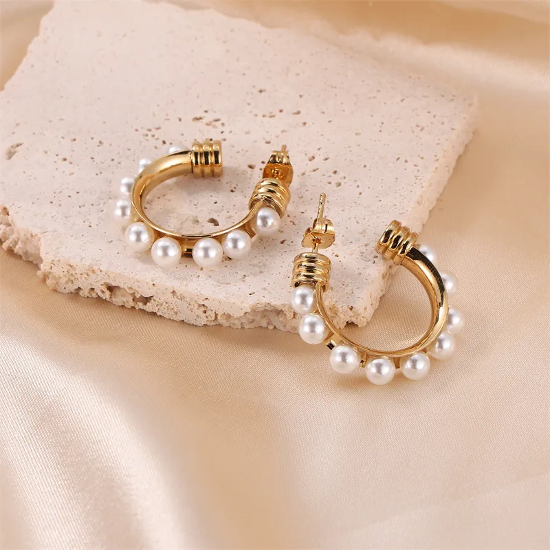 1 Pair Lady Classic Style Geometric Plating Inlay Stainless Steel Pearl Ear Studs display picture 2