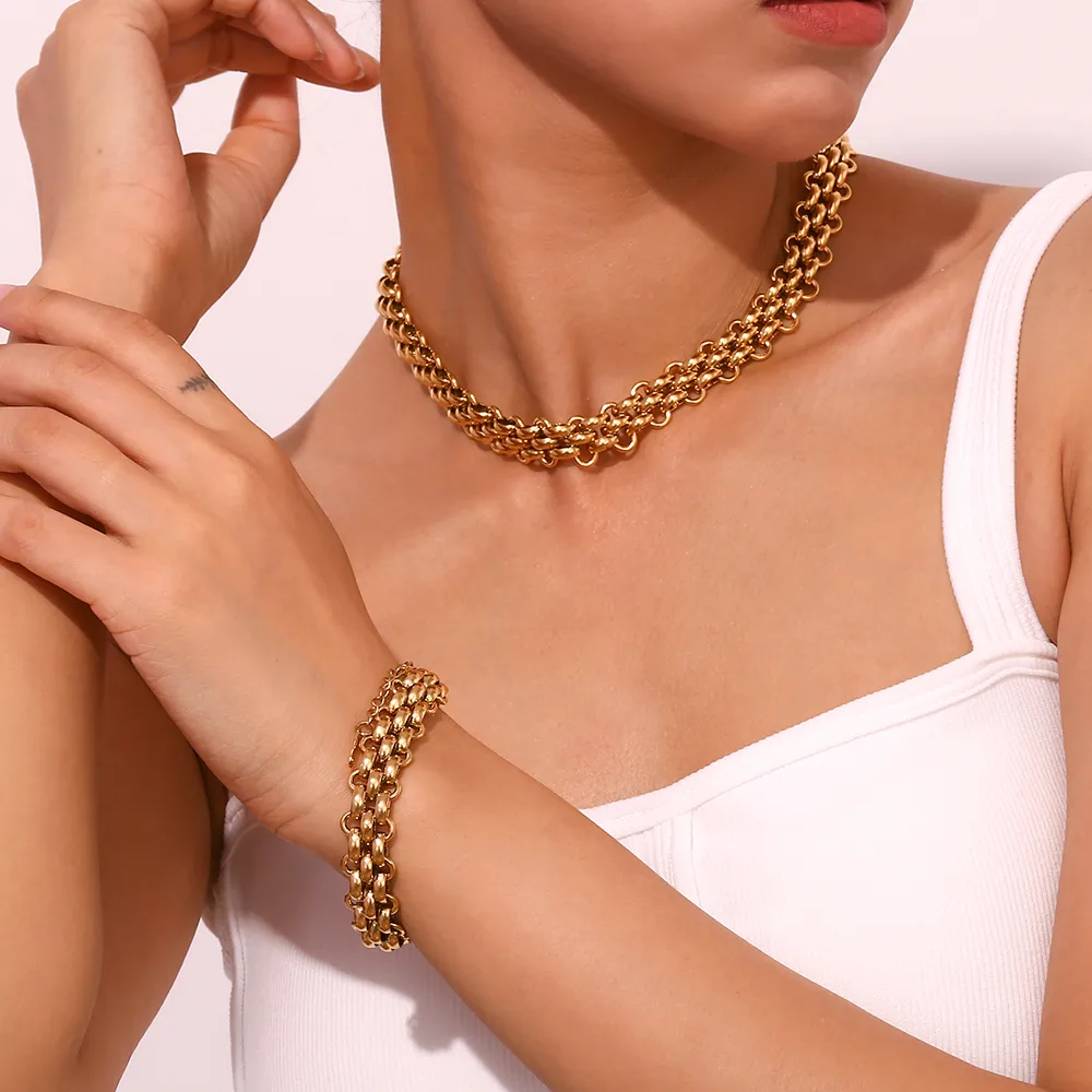 Wholesale Jewelry Simple Style Solid Color 304 Stainless Steel 18K Gold Plated Plating Bracelets Necklace display picture 3