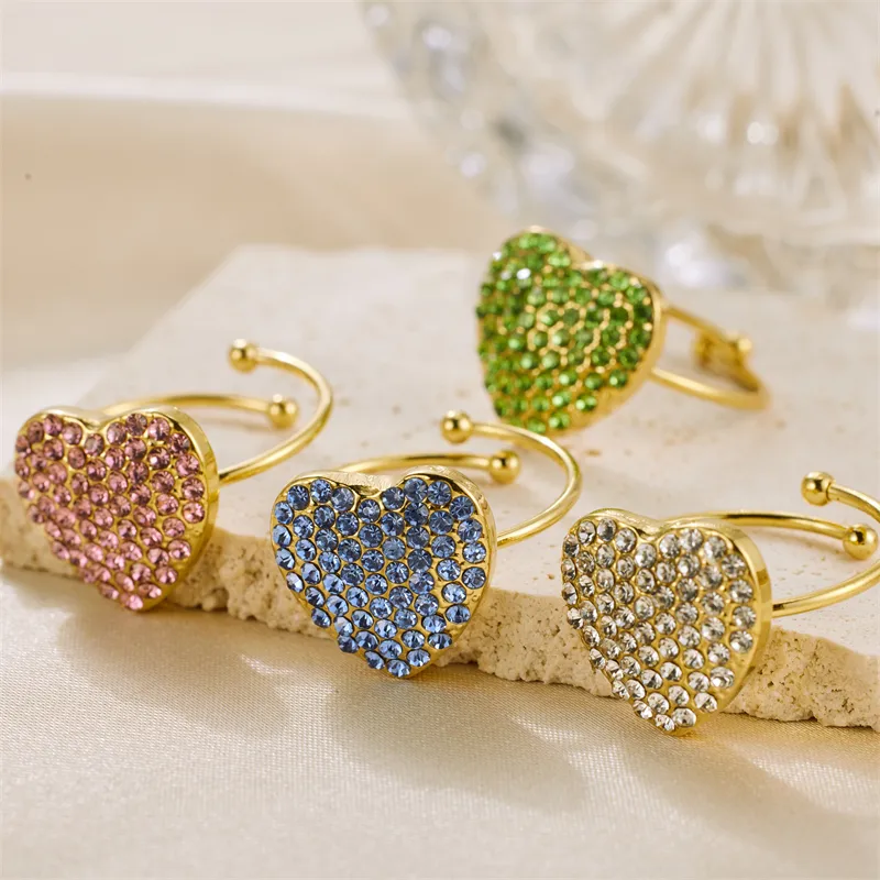 Wholesale Jewelry Vintage Style Heart Shape 304 Stainless Steel Rhinestones 18K Gold Plated Plating Open Rings display picture 7