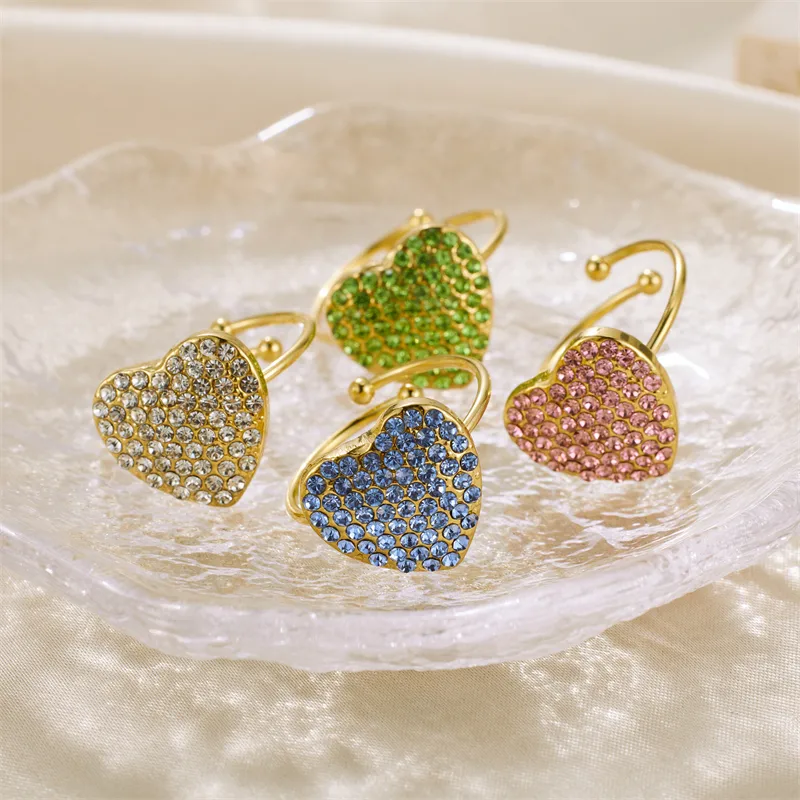 Wholesale Jewelry Vintage Style Heart Shape 304 Stainless Steel Rhinestones 18K Gold Plated Plating Open Rings display picture 8