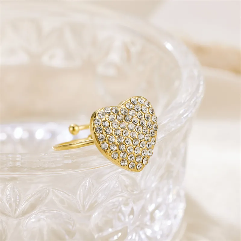 Wholesale Jewelry Vintage Style Heart Shape 304 Stainless Steel Rhinestones 18K Gold Plated Plating Open Rings display picture 1