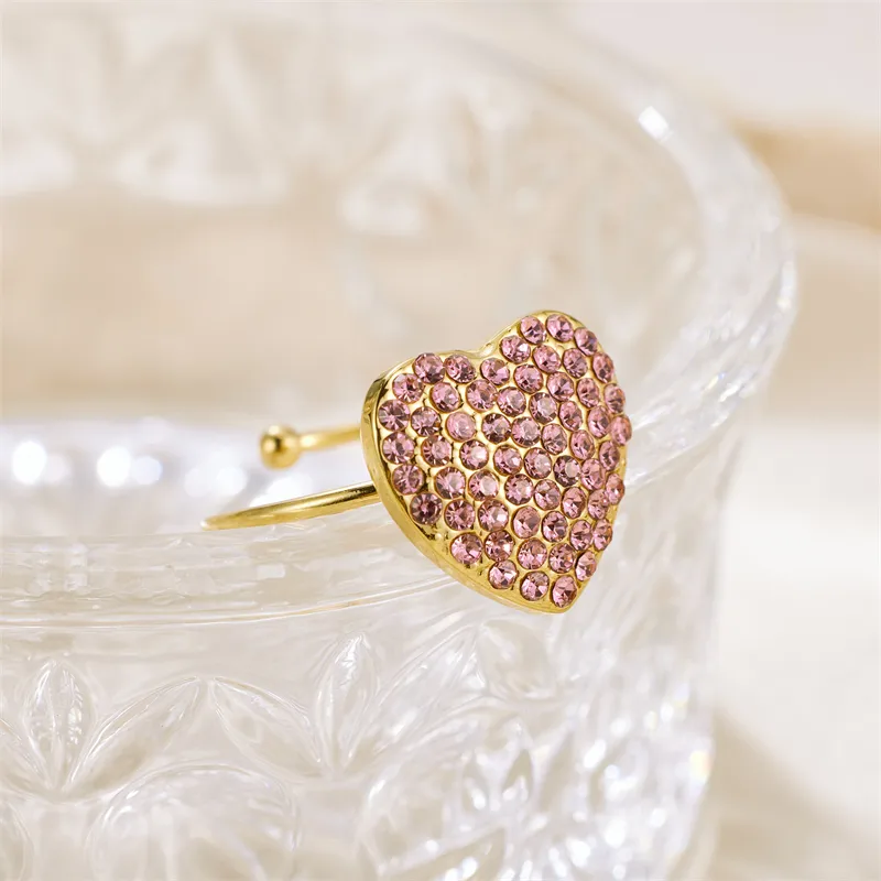 Wholesale Jewelry Vintage Style Heart Shape 304 Stainless Steel Rhinestones 18K Gold Plated Plating Open Rings display picture 4