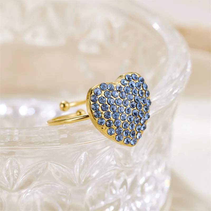 Wholesale Jewelry Vintage Style Heart Shape 304 Stainless Steel Rhinestones 18K Gold Plated Plating Open Rings display picture 3