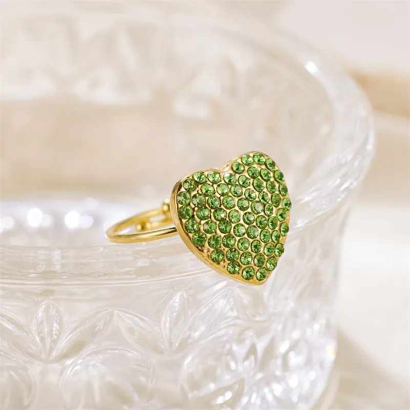 Wholesale Jewelry Vintage Style Heart Shape 304 Stainless Steel Rhinestones 18K Gold Plated Plating Open Rings display picture 2