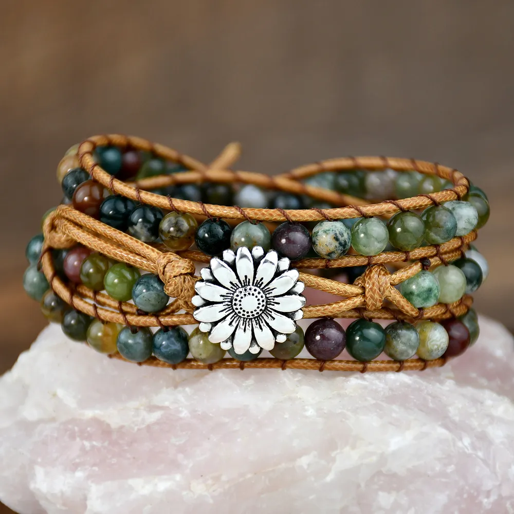 Classical Vintage Style Flower Alloy Natural Stone Rope Beaded Knitting Bracelets display picture 1