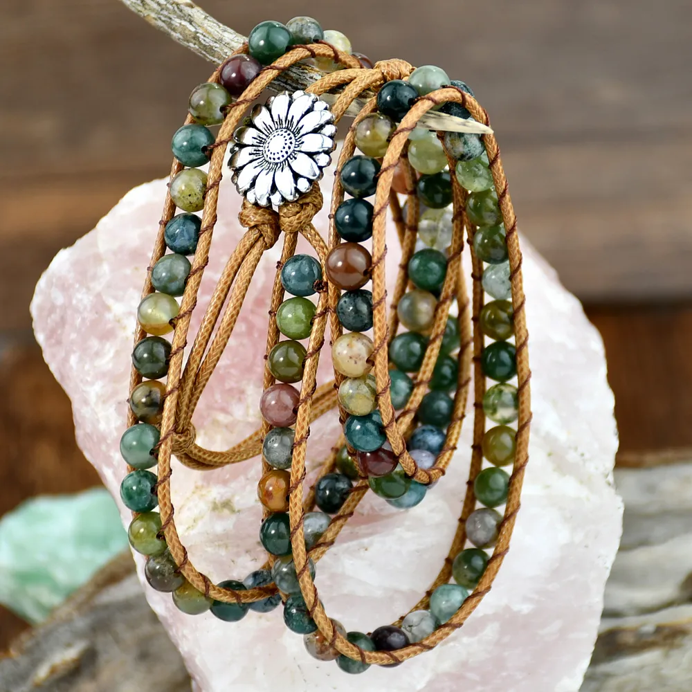 Classical Vintage Style Flower Alloy Natural Stone Rope Beaded Knitting Bracelets display picture 3