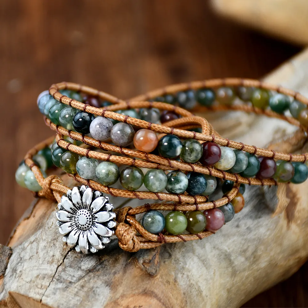 Classical Vintage Style Flower Alloy Natural Stone Rope Beaded Knitting Bracelets display picture 5