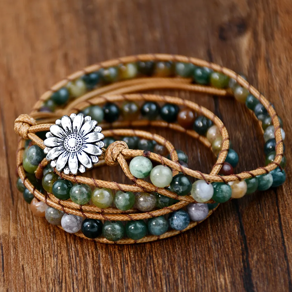 Classical Vintage Style Flower Alloy Natural Stone Rope Beaded Knitting Bracelets display picture 6
