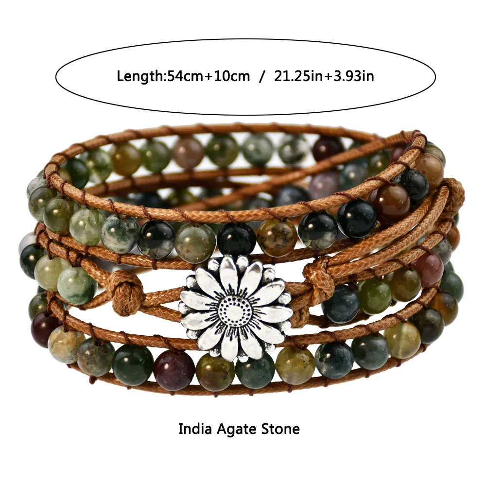Classical Vintage Style Flower Alloy Natural Stone Rope Beaded Knitting Bracelets display picture 4