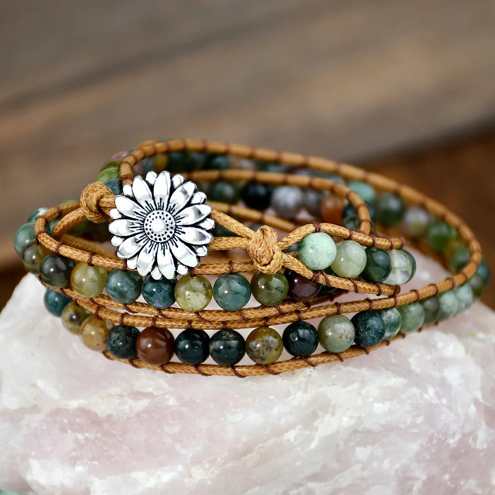 Classical Vintage Style Flower Alloy Natural Stone Rope Beaded Knitting Bracelets display picture 2