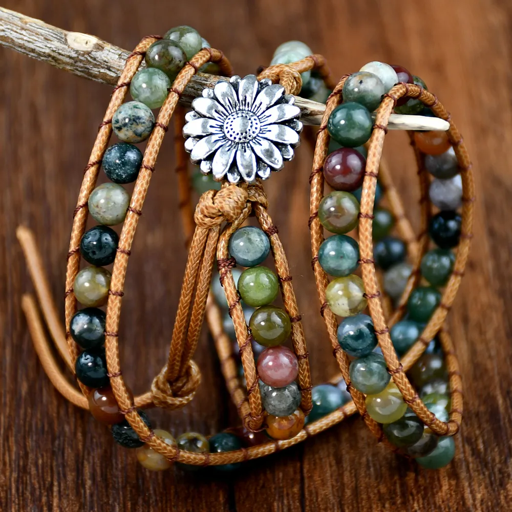 Classical Vintage Style Flower Alloy Natural Stone Rope Beaded Knitting Bracelets display picture 7