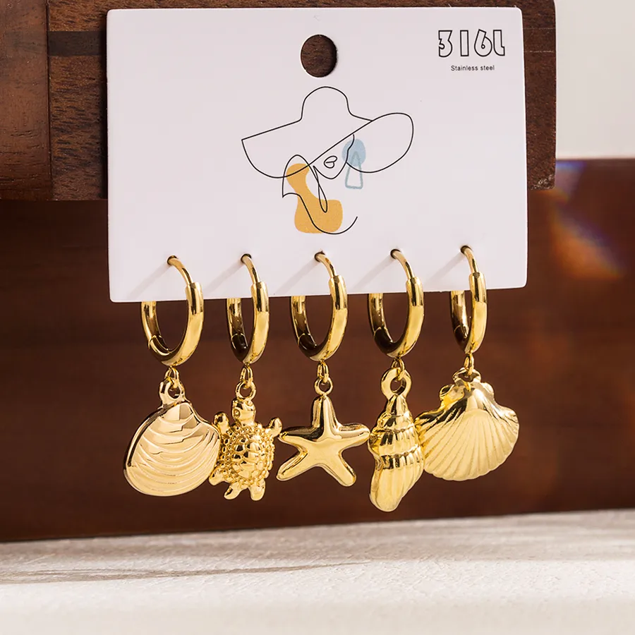 1 Set Formal Simple Style Artistic Sun Star Moon Scallop Star Stainless Steel Zircon 14k Gold Plated Drop Earrings display picture 3