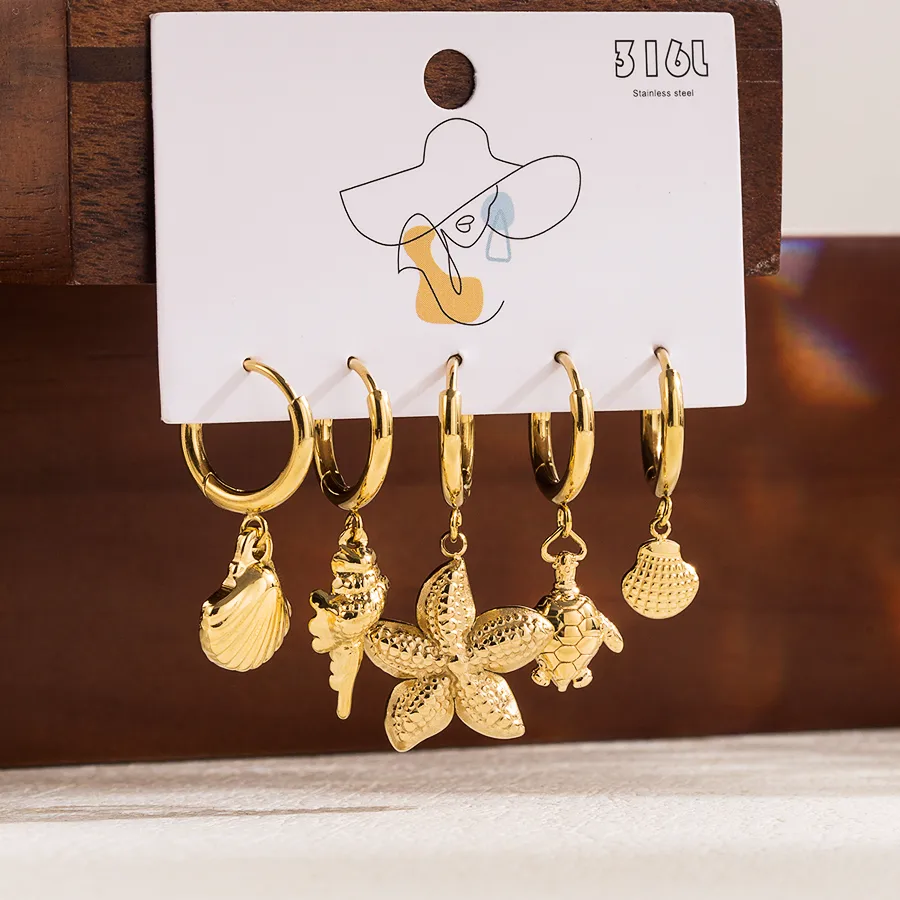 1 Set Formal Simple Style Artistic Sun Star Moon Scallop Star Stainless Steel Zircon 14k Gold Plated Drop Earrings display picture 4